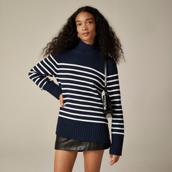 J.Crew Cotton turtleneck sweater in stripe Navy Ivory Size Small NWT - Picture 1 of 7